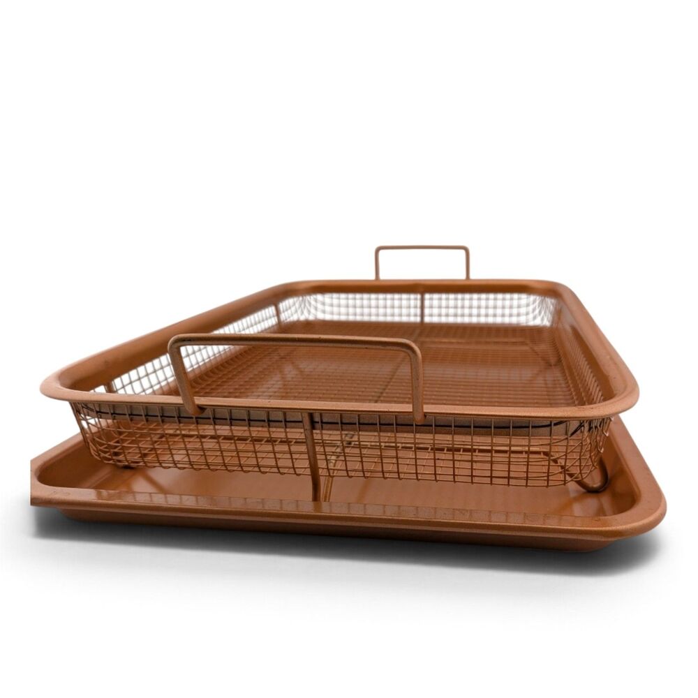 Copper Nonstick Baking Tray Roasting Pan w Mesh Basket Rack 2 Pc Set 12.75"